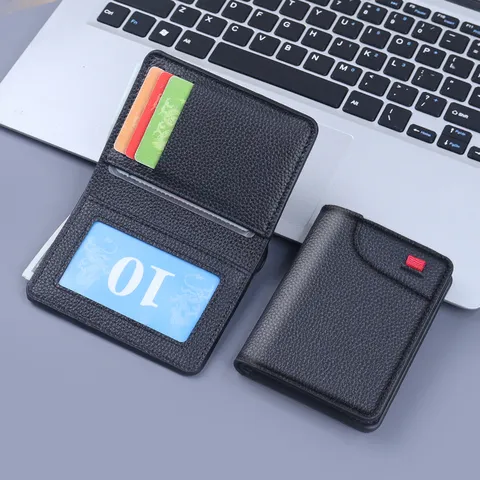 Cartera Vertical Delgada para Hombre Cuero PU Patrón de Lichi Plegable Cartera Corta con Ranuras para Tarjetas Monedero Pequeño