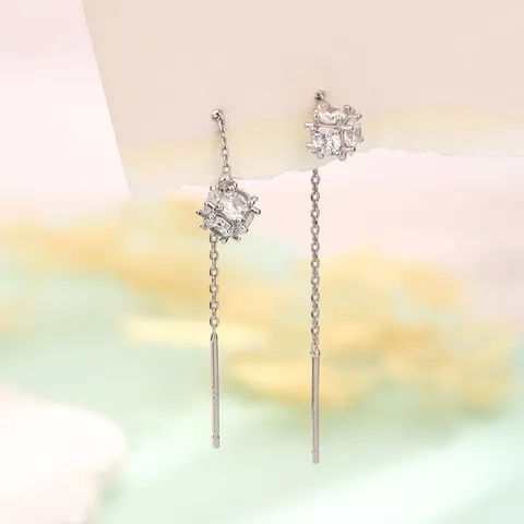 Garnet Red Zirconia Cube Ear Line Copper Platinum Rose Gold Plated Tassel Ear Chain Geometric Lu Ban Lock Dangle Earrings For Women