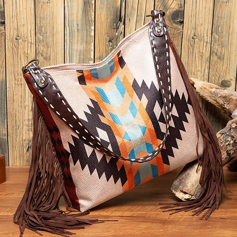 Retro Bohemian Hand Woven Cotton Linen Tassel Shoulder Bag Large Capacity Geometric Ethnic Print Tote Bag For Women Daily