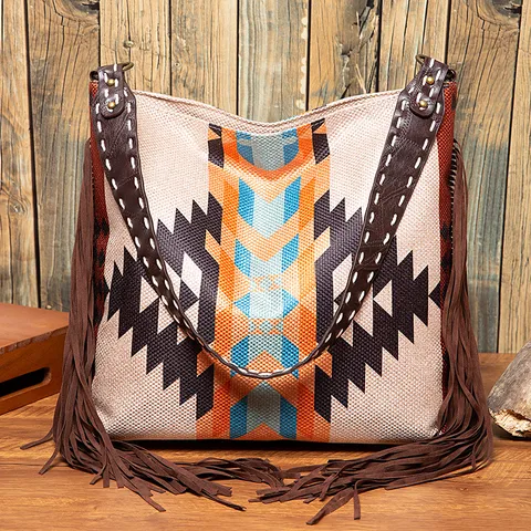 Retro Bohemian Hand Woven Cotton Linen Tassel Shoulder Bag Large Capacity Geometric Ethnic Print Tote Bag For Women Daily