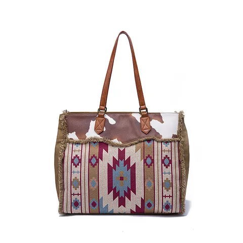 Bohemian Retro Canvas Tote Shoulder Bag For Women Large Capacity Ethnic Print Weekend Travel Handbag With Matching Wallet