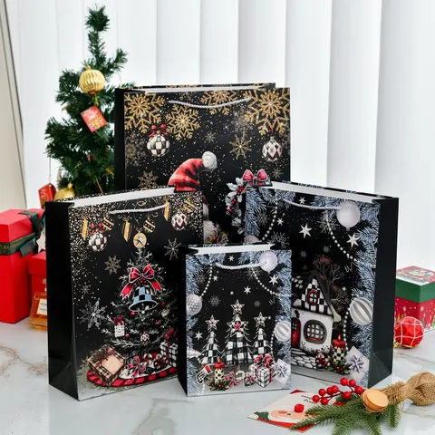 Fröhliche Weihnachten Kraftpapier Geschenktüte Goldprägung Weihnachtsmann Baum Schneeflocken Muster Festliche Party Verpackung Handtasche