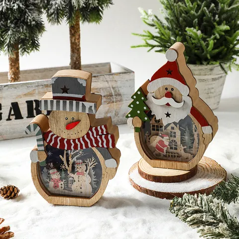 Hölzerne Weihnachten LED Licht Ornament Weihnachtsmann Schneemann Hohle Geschnitzte Tischdekoration Festliche Szene Anordnung Für Haus Geschäft