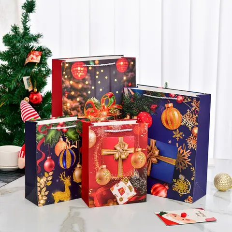 Extra Large Christmas Gift Bags With Handles White Cardboard Hot Stamping Reindeer Gift Box Pattern Festive Party Packaging Paper Bag