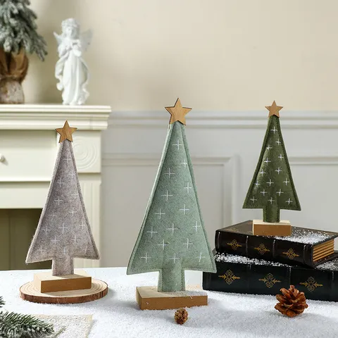 Nordic Wooden Felt Christmas Tree Tabletop Ornament Minimalist Felt Star Top Tree Desktop Decoration For Christmas Party Home Decor