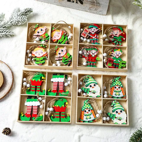 Juego de 4 Colgantes de Navidad de Madera Estilo Duende Gnomo Grinch Adornos en Caja de Madera para Árbol de Navidad Fiesta