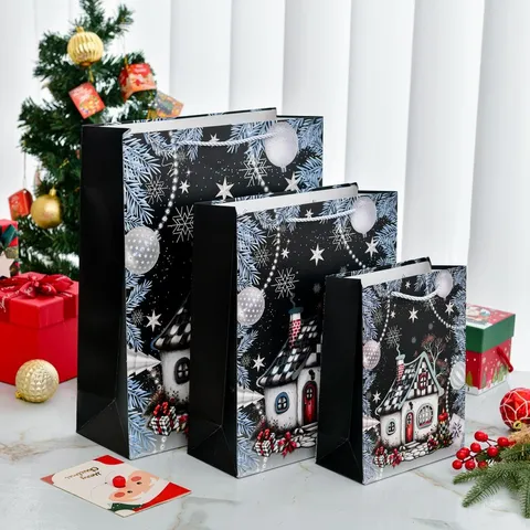 Fröhliche Weihnachten Kraftpapier Geschenktüte Goldprägung Weihnachtsmann Baum Schneeflocken Muster Festliche Party Verpackung Handtasche