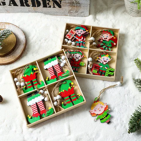 Juego de 4 Colgantes de Navidad de Madera Estilo Duende Gnomo Grinch Adornos en Caja de Madera para Árbol de Navidad Fiesta