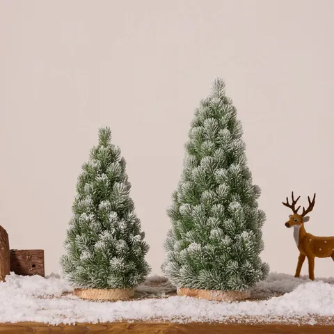 Mini Snow-Flocked Christmas Tree Desktop PE Artificial Norfolk Pine Small Xmas Tree With Wood Base For Winter Home Office Decor