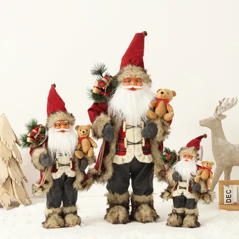 Classic Santa Claus Doll Holding Teddy Bear Plush Toy Christmas Decoration Red Plaid Fabric Holiday Ornament Home Party Decor Gift