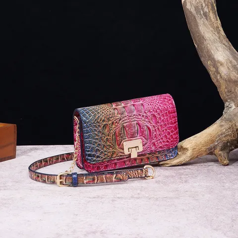 Bolso de Bandolera Retro con Patrón de Cocodrilo Degradado Cuero PU Bolso Cuadrado Pequeño con Cierre Dorado y Cadena
