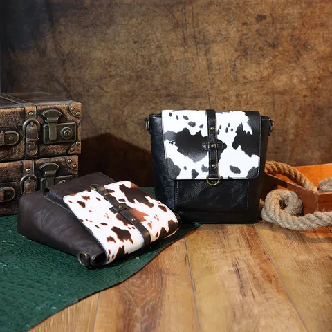 Western Cow Print Retro Crossbody Bag For Women Bohemian Aztec PU Leather Shoulder Bag Wide Strap Metal Buckle Flap Bag