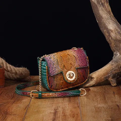 Bolso Bandolera Vintage con Patrón de Cocodrilo para Mujer Degradado Bolso de Hombro Con Cadena de Metal Dorado y Cierre Giratorio