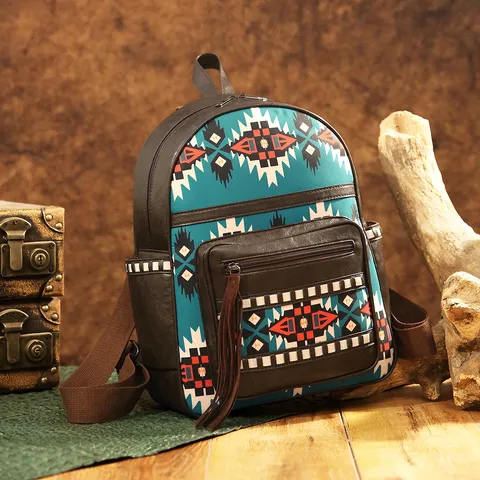 Women Bohemian Aztec Geometric Ethnic Print PU Leather Backpack Large Capacity Tassel Travel Fashion School Shoulder Bag