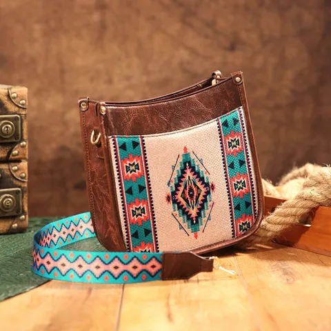 Bolso Bandolera Bohemio Retro para Mujer de Cuero PU con Estampado Étnico Geométrico Correa Ancha Bolso de Hombro Cuadrado Pequeño Estilo Western Vintage