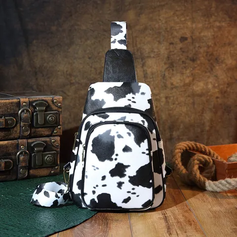 Western Retro Cow Print Chest Bag For Women Bohemian PU Leather Small Crossbody Bag Printed Wide Strap Zipper Shoulder Bag