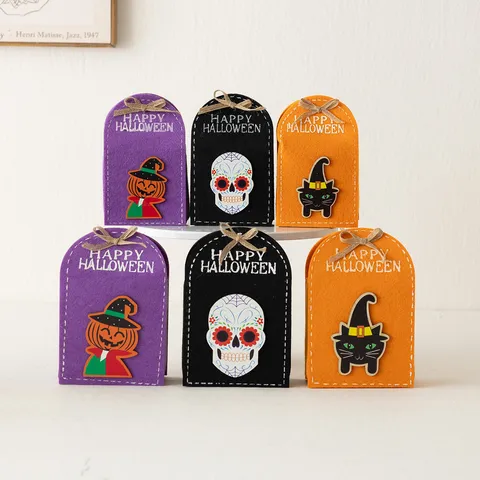 Halloween Bolsas de Regalo de Dulces de Tela Flocada Calabaza Calavera Gato Negro Cajas de Fiesta Con Decoración de Lazo