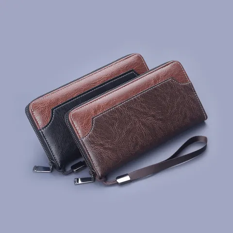 Men's Vintage PU Leather Patchwork Long Wallet Zipper Clutch Bag With Wristlet Lightweight Phone Handbag For Business Daily