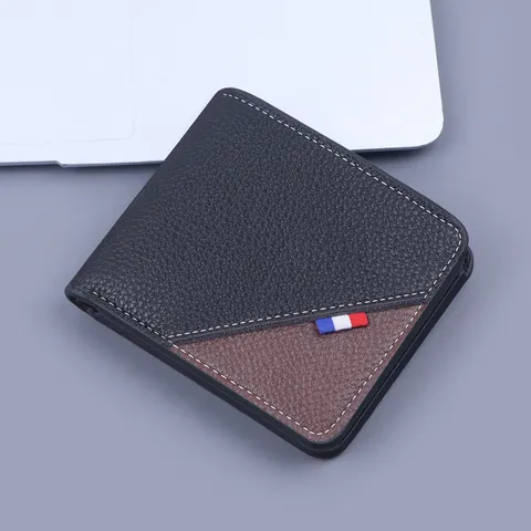 Cartera Corta de Negocios para Hombre Bifold Cuero de PU Gran Capacidad Tarjetero Moda Patrón de Litchi Costura Bolso Casual