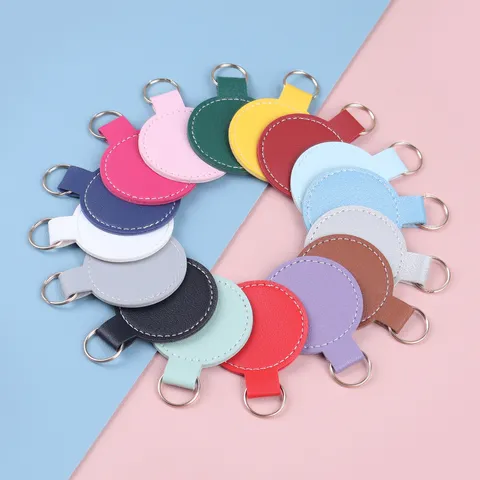 Creatieve Ronde Leren Sleutelhanger Circulaire Anti-Verlies Label Kleurrijke PU Kunstleer Sleutelring Met Metalen Lus Stiksel Detail Accessoire