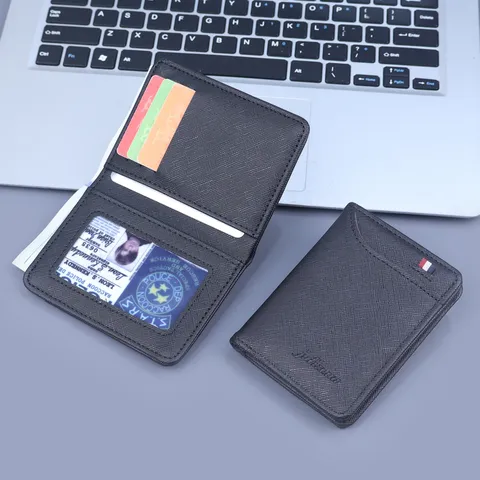 Business Men PU Leather Short Wallet Cross-grain Bi-fold Card Holder Multi-slot Coin Purse With Tricolor Ribbon Minimalist Design