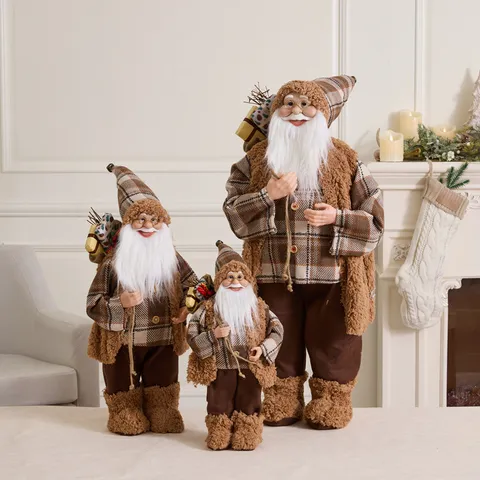 Braunes Karomuster Weihnachtsmann Puppe Weihnachten Dekofigur Handgemachte Plüsch Nikolaus Stehende Dekoration Für Zuhause