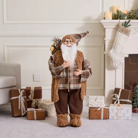 Braunes Karomuster Weihnachtsmann Puppe Weihnachten Dekofigur Handgemachte Plüsch Nikolaus Stehende Dekoration Für Zuhause