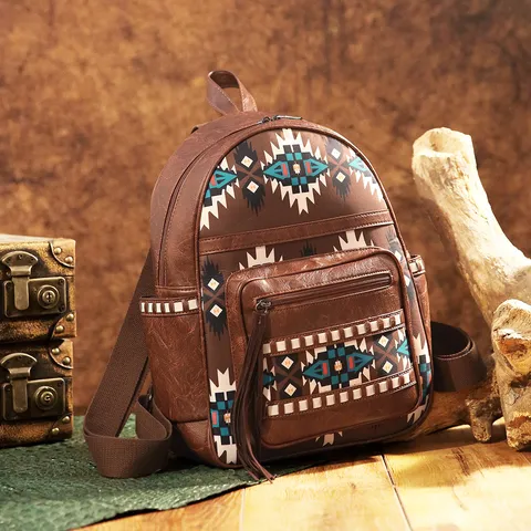 Women Bohemian Aztec Geometric Ethnic Print PU Leather Backpack Large Capacity Tassel Travel Fashion School Shoulder Bag