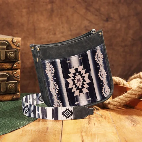 Bolso Bandolera Bohemio Retro para Mujer de Cuero PU con Estampado Étnico Geométrico Correa Ancha Bolso de Hombro Cuadrado Pequeño Estilo Western Vintage