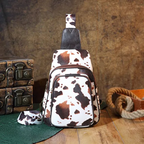 Western Retro Cow Print Chest Bag For Women Bohemian PU Leather Small Crossbody Bag Printed Wide Strap Zipper Shoulder Bag