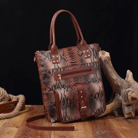 Vintage Snake Print Tote Bag For Women Retro PU Leather Large Capacity Shoulder Handbag With Removable Strap Aztec Style