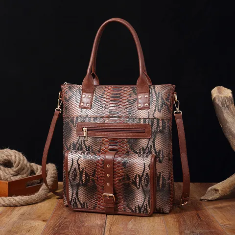 Vintage Snake Print Tote Bag For Women Retro PU Leather Large Capacity Shoulder Handbag With Removable Strap Aztec Style