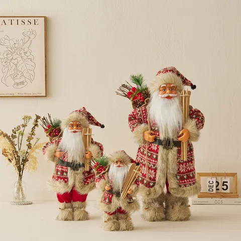 Standing Santa Claus Figurine Christmas Decoration Nordic Skier Santa Doll With Wood Skis Sack For Home Holiday Party
