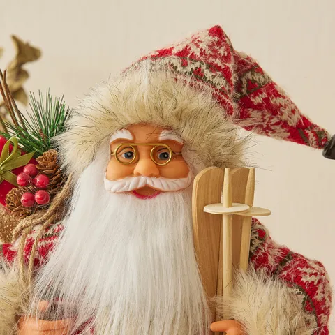 Standing Santa Claus Figurine Christmas Decoration Nordic Skier Santa Doll With Wood Skis Sack For Home Holiday Party