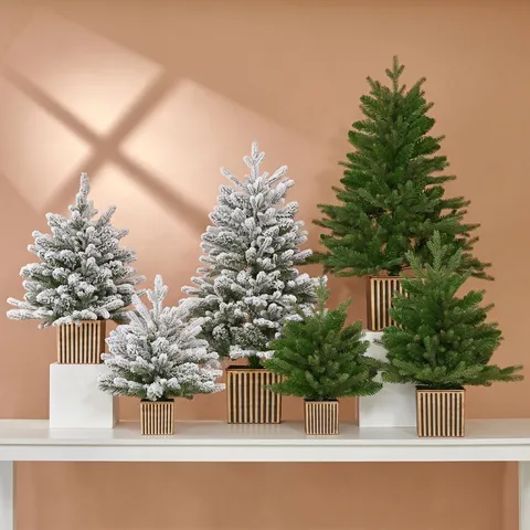 Albero di Natale Innevato Artificiale Con Vaso Quadrato Retrò Decorazione da Tavolo Verde per Casa Ufficio 45/60/90cm