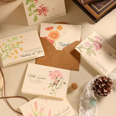 Tarjetas de Felicitación de Papel Kraft Vintage Con Sobres Diseño Floral Dibujado a Mano Para Navidad Boda