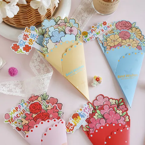 Creative 3D Flower Bouquet Greeting Cards Handmade Paper Gift Cards for Mother's Day Teacher's Day Graduation Wedding Party Supplies