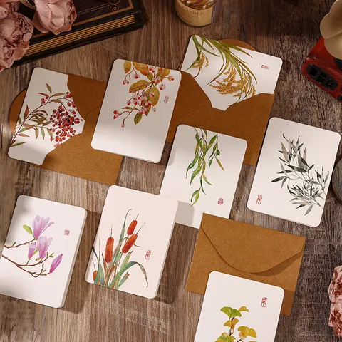 Tarjetas de Felicitación Vintage Ilustración Botánica Con Sobres Acuarela Floral Planta Impresa Papel Couché Tarjetas de Mensaje para Cumpleaños Gracias Regalo