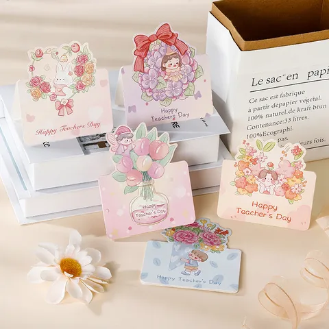 Tarjetas de Felicitación del Día del Maestro Ilustración de Ramo de Flores Pintada a Mano Tarjetas de Mensaje Regalo
