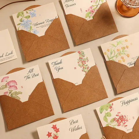 Tarjetas de Felicitación de Papel Kraft Vintage Con Sobres Diseño Floral Dibujado a Mano Para Navidad Boda