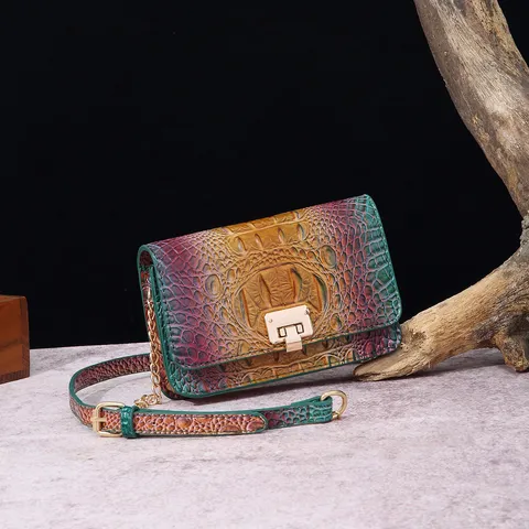 Bolso de Bandolera Retro con Patrón de Cocodrilo Degradado Cuero PU Bolso Cuadrado Pequeño con Cierre Dorado y Cadena