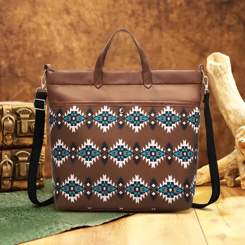 Women's Bohemian Aztec Pattern Waterproof Nylon Tote Bag Vintage Ethnic Handheld Crossbody Laptop Bag Travel Work Large Capacity Bag