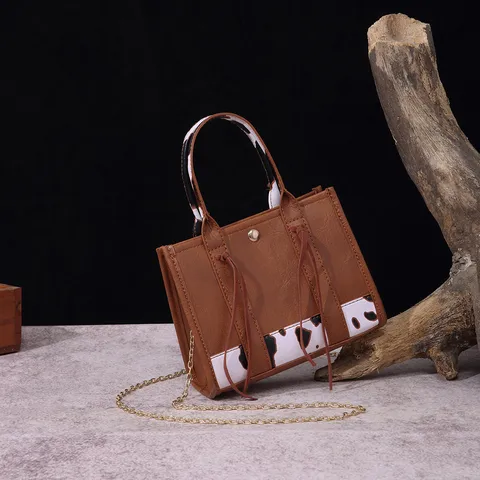 Borsa a Mano da Donna in Pelle PU Vintage Occidentale Mini Borsa a Tracolla Bohémien Con Nappe e Catena Stampa Animale