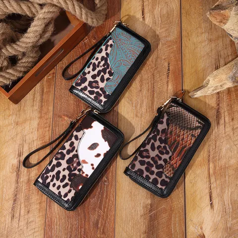 Damen Vintage Bohemian Geprägte PU Leder Clutch Geldbörse Mit Handgelenkschlaufe Tier Leopard Print Quaste Reißverschluss Handtasche