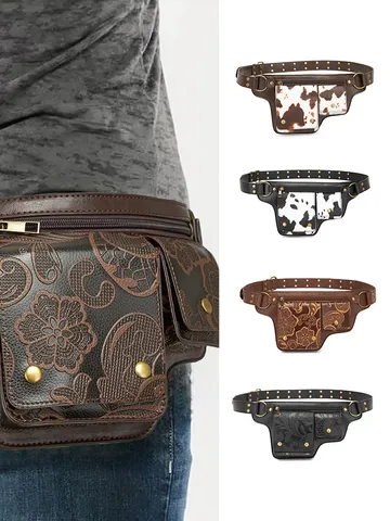 Riñonera de Cuero Sintético Vintage Mujer Estilo Motociclista Ajustable Bolso Steampunk de Cintura Cruzado