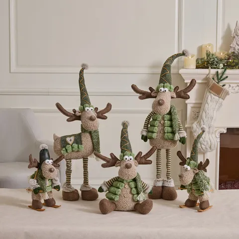 Mallow Green Christmas Plush Doll Reindeer Snowman Bear Retractable Legs Holiday Ornament Xmas Gift Home Desktop Decoration