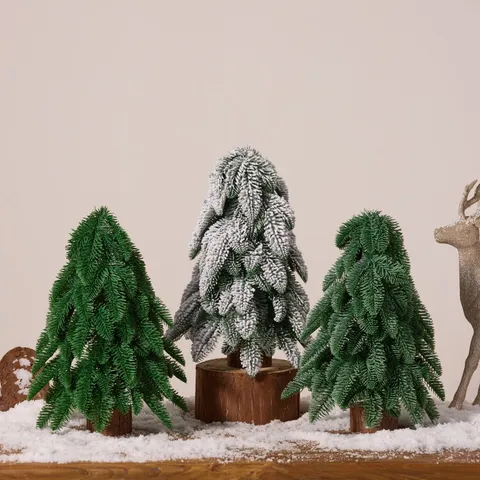 Realistic Artificial Noble Fir Christmas Tree With Wood Base Hoarfrost Snow Effect PE Small Xmas Decoration For Home Tabletop