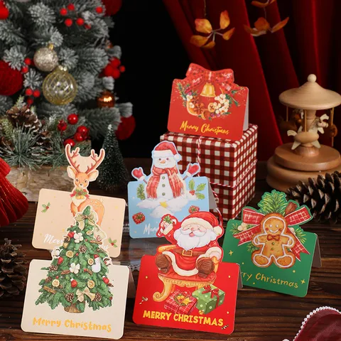 Retro Christmas Greeting Cards Cardboard Hanging Gift Tags Santa Snowman Pattern Festive Message Tags For Holiday Gift Decoration