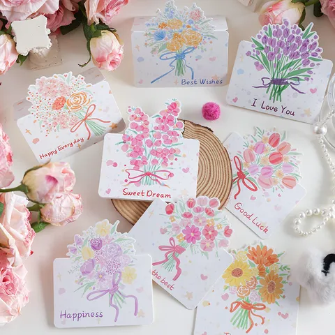 Biglietti di Auguri Con Bouquet di Fiori Disegnati a Mano Mini Cartoline per San Valentino Festa della Mamma Ringraziamento