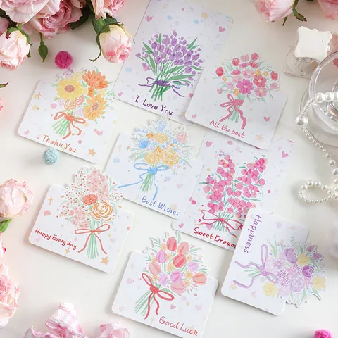 Biglietti di Auguri Con Bouquet di Fiori Disegnati a Mano Mini Cartoline per San Valentino Festa della Mamma Ringraziamento